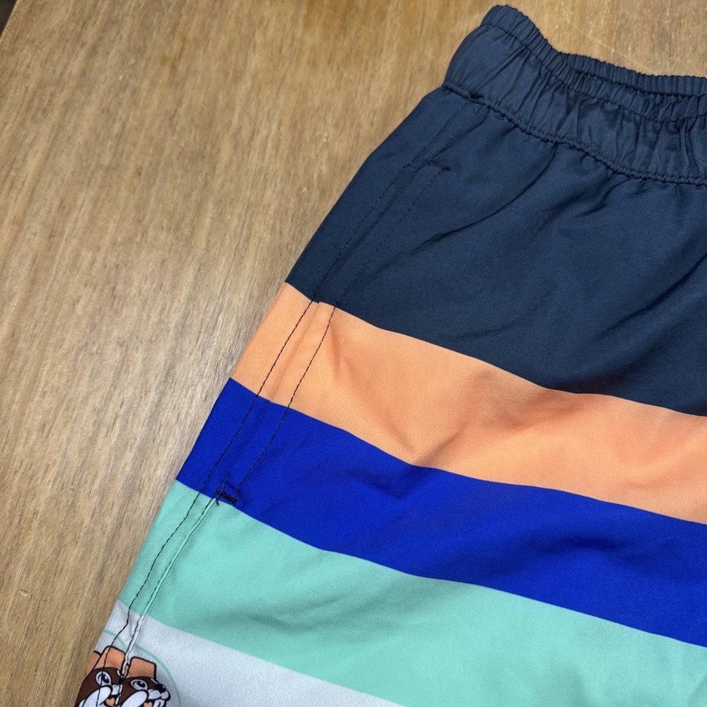 Buc-ees Swim Shorts Mens Medium 7" Inseam Multicolor Striped Beaver Logo Print - Picture 5 of 10